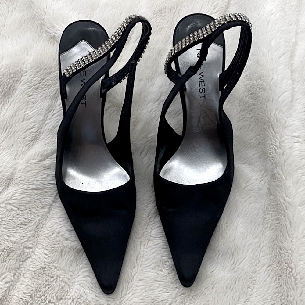 Nine West Black Satin Rhinestone Pointed Toe Slingback Heels Size 7